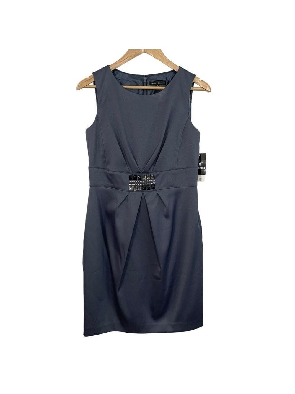 Sandra Darren Sheath Dress Sz 8 Dark Grey Matte Satin Beaded Gems Cocktail Party